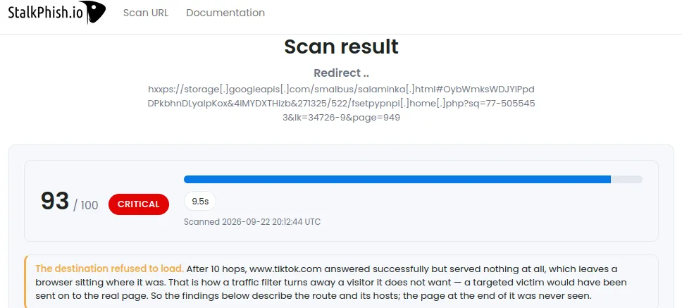 Scan result of the StalkPhish URL scanner: 93/100, CRITICAL