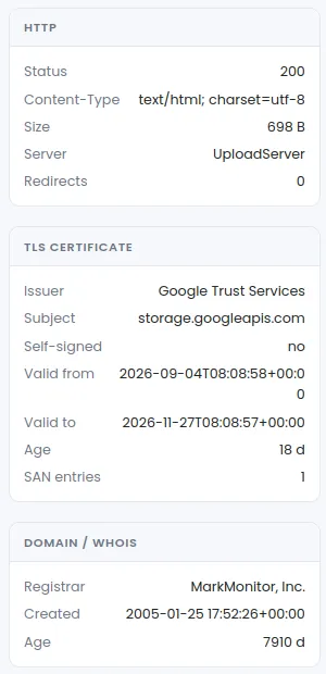 HTTP, TLS certificate and WHOIS data